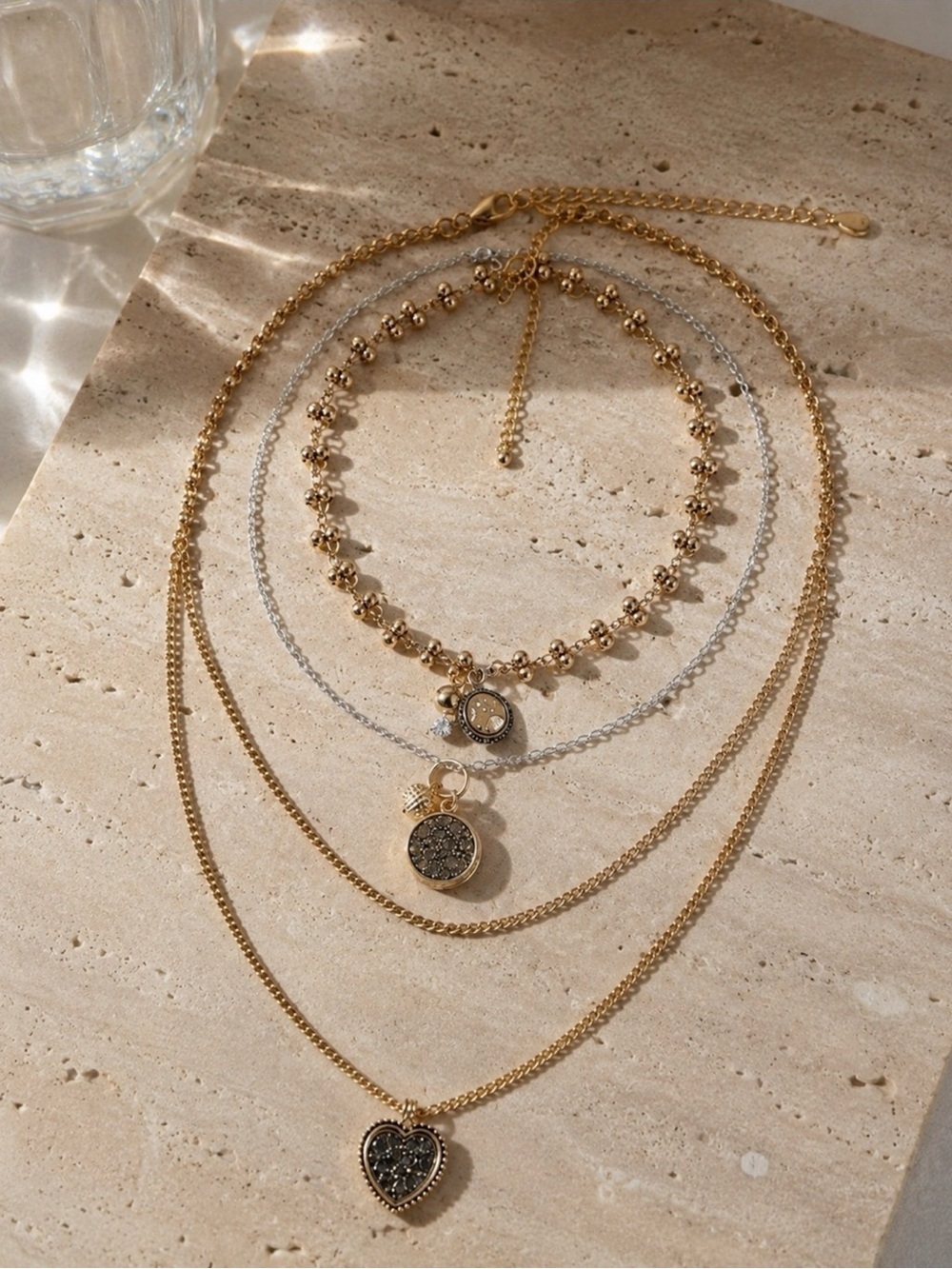 Layered Heart Charm Necklaces Set Gold Boho Jewelry - Picture 3 of 5